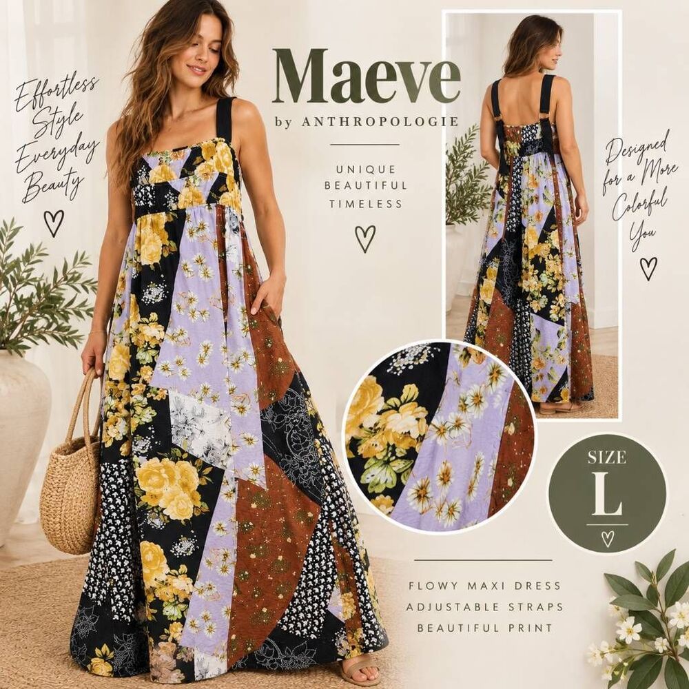 Maeve Anthropologie Women’s L Patchwork Floral Maxi Dress Adjustable Straps